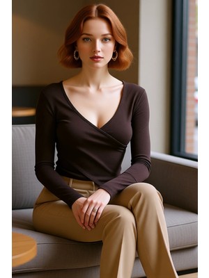 FRM Kadın Moda Şık Regular Kruvaze Yaka Slim Kalıp Örme Fitted Vücuda Oturan Yaka Kol Fitilli Esnek Bluz