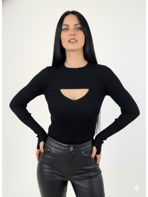 Teenage Millionaire Kadın Siyah Iki Parçalı Parmak Geçme Detaylı Üst Kalite Dokuma Uzun Kollu Fitilli Bluz Body