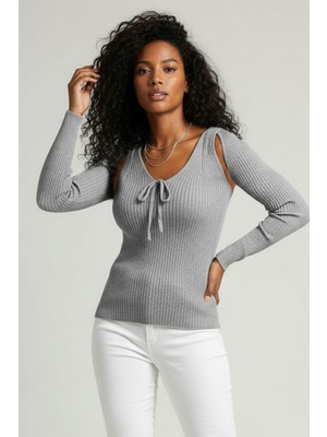 Teenage Millionaire Kadın Gri Üst Kalite Dokuma Uzun Kollu Fitilli Bluz Body