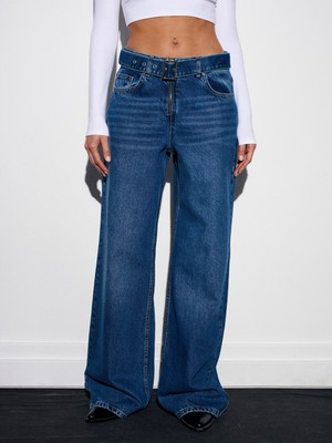 Dilvin 72076 %100 Pamuk Kemerli Wide Leg Jean-Mavi