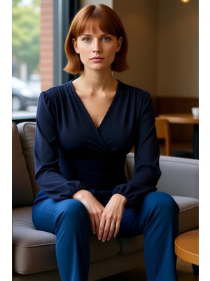 FRM Kadın Moda Şık Regular Kruvaze Yaka Balon Kol Slim Kalıp Örme Büzgü Drape Detaylı Kollu Esnek Bluz