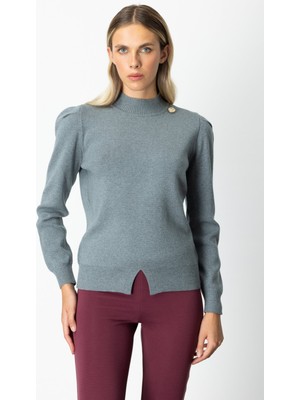 On Kadın Dik Yaka Düğme Detaylı Kazak 65331 Gri