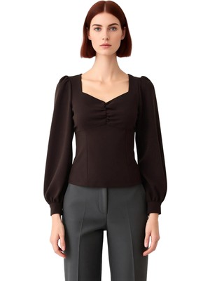 Ersefa Kadın Bluzu Kalp Yaka Büzgülü Detay Uzun Kol Fermuarlı Dokuma Kumaş Kaliteli Şık Rahat Modern