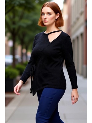 PayBuy Kadın Asimetrik Kesim Ince Triko Bluz Bağlama Detaylı Bisiklet Yaka Uzun Kollu Kaliteli