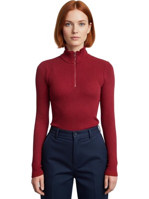 Ersefa Kadın Fermuarlı Dik Yaka Uzun Kollu Esnek Örme Bluz Vücuda Oturan Basic Siluet Cool & Comfort Tarzı