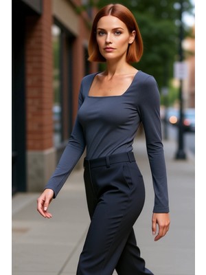 PayBuy Kadın Gri Kare Yaka Fitted Uzun Kollu Pamuklu Bluz Günlük Kullanım Için Cool & Comfort Özellikli