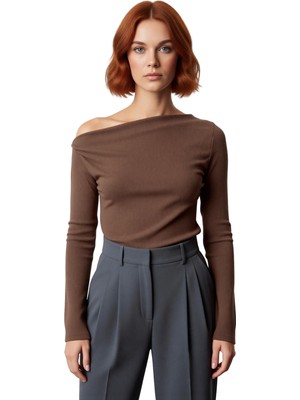 Ersefa Moda Kayık Yaka Örme Slim Düz Desen Casual Günlük Uzun Uzun Kol Bluz