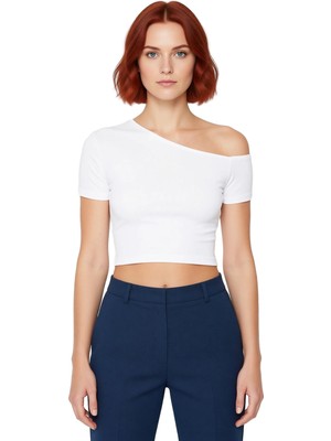 Ersefa Kadın Pamuklu Asimetrik Kesim Kısa Kollu Örme Bluz Kaliteli Şık Rahat Modern Zarif Günlük