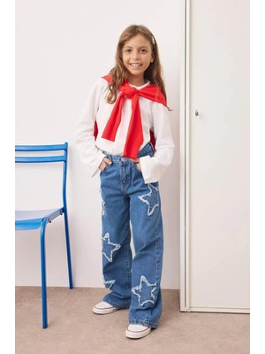 A.S.L GOLF CLUB Kız Çocuk Geniş Paça Yıldız Desenli %100 Pamuk Lastikli Denim Pantolon