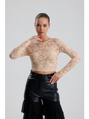 Sense Dantel Uzun Kollu Crop Bluz | BUST36259 Somon
