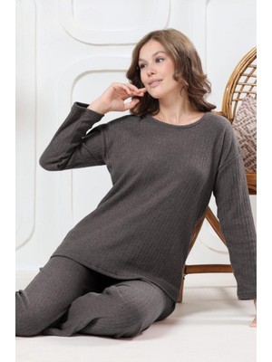 Farya Home Pamuklu Kalın Kışlık Interlok Şeritli Uzun Kollu Örme Pijama Takımı