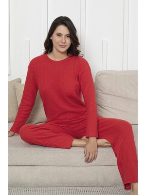 Farya Home Pamuklu Kalın Kışlık Interlok Şeritli Uzun Kollu Örme Pijama Takımı