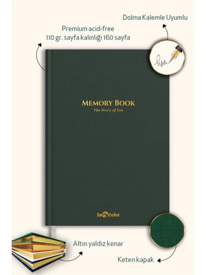 Le Color Memory Book Yeşil Keten Hatıra Defteri 160 Sayfa Altın Kenarlı 17 x 24 cm Ölçüler
