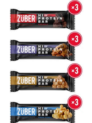 Züber Hi Protein Deneme Paketi 45g x 12 Adet (Kakaolu, Badem Ezmeli, Yer Fıstığı Ezmeli, Fındık Ezmeli)