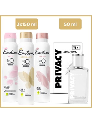 Privacy Addiction Woman Edt Parfüm 50 Ml & Emotion Deodorant Gold Bliss, Joyous, Love 3x150 Ml