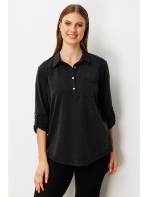 On Kadın Büyük Beden Yakası Düğmeli Cep Detaylı Bluz 61356 Siyah