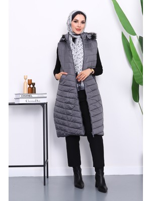 İmaj Butik Antrasit Kapüşonlu Uzun Şişme Yelek
