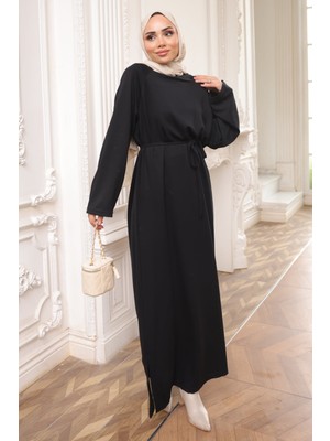 İmaj Butik Siyah Bisiklet Yaka Bel Kuşaklı Elbise