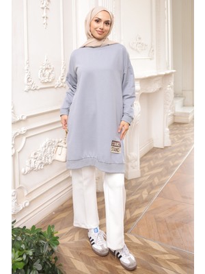 İmaj Butik Gri Bisiklet Yaka Armalı Tunik