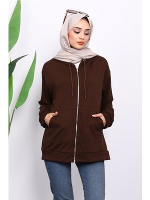İmaj Butik Kahverengi Kapşonlu Fermuarlı Modal Sweat Hırka