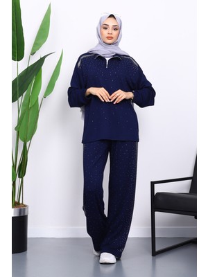 İmaj Butik Lacivert Taşlı Yaka Fermuarlı Tunik Pantolonlu Takım