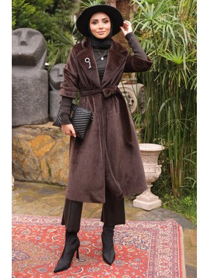 İmaj Butik Kahverengi Kolları Örgü Detaylı Angora Kaban