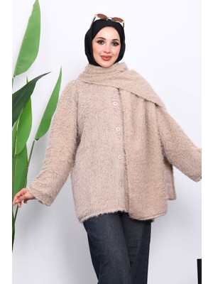 İmaj Butik Vizon Atkılı Detaylı Düğmeli Angora Ceket