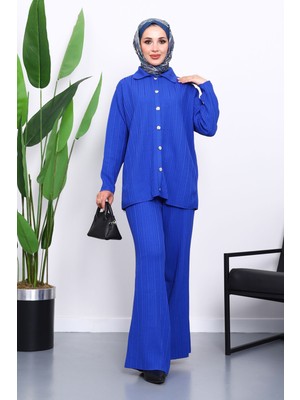 İmaj Butik Saks Mavi Gömlek Yaka Düğmeli Pantolonlu Triko Takım