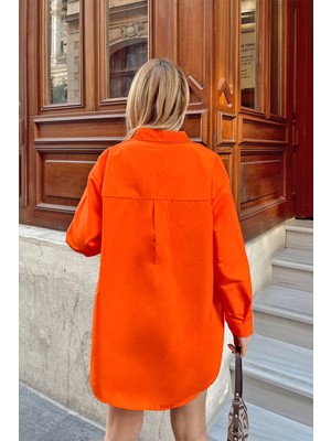 Stil Tasarım Kadın Tek Cepli Oversize Poplin Gömlek Trend Gömlek