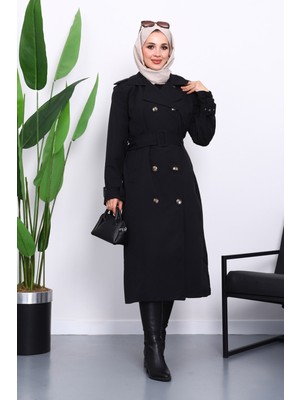 İmaj Butik Siyah Kruvaze Yaka Astarlı Trençkot
