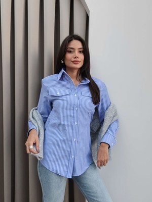 Esra Helvacı Vatkalı Cep Görünüm Çizgili Gömlek