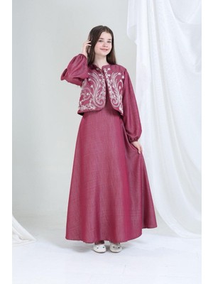 Giyinse Nakışlı Ceketli Pamuk Keten Elbise Bordo