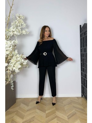 G1610 Piliseli Şifon Bluzlu Pantolon Takım Siyah
