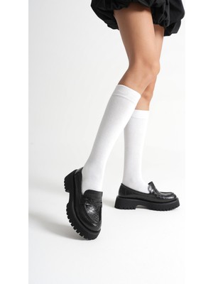 Mevese Rion Kadın Günlük Siyah Kroko Loafer Ayakkabı