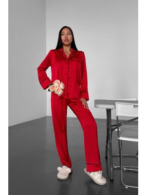 Gizotti Love Kırmızı Düz Uzun Saten Pijama S