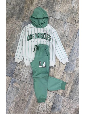 Rapapa Erkek Çocuk 2 Iplik Baskılı Kapüşonlu Sweatshirt ve Eşofman Altı 2’li Takım 7489 Ayeşil