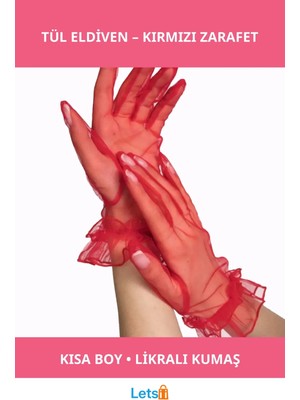 Kısa Boy Likralı Güpürlü Yetişkin Tül Eldiven Kırmızı