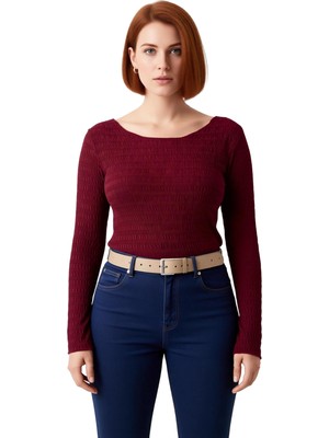 Ersefa Kadın Esnek Dokulu Örme Bisiklet Yaka Uzun Kollu Üst Kaliteli Şık Rahat Modern Zarif Günlük