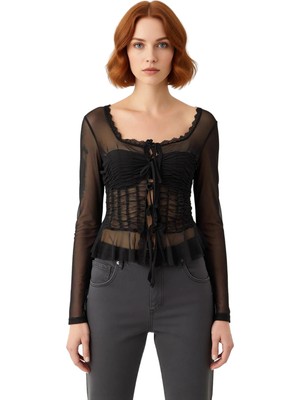 Ersefa Kadınlar Için Uzun Kollu Kare Yaka Büzgülü Tül Üst Kaliteli Şık Rahat Modern Zarif Günlük