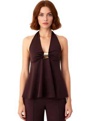 Ersefa Kadın Metal Aksesuarlı Halter Yaka Büzgülü Üst Şık ve Konforlu Tasarım Kaliteli Şık Rahat Modern