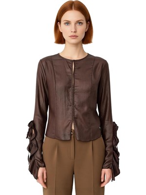 Ersefa Kadın Uzun Kollu Tül Detaylı Örme Bluz Şık ve Modern Tasarım Kaliteli Şık Rahat Modern Zarif