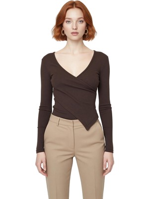 Ersefa Kadın Düz Kruvaze Yaka Uzun Kollu Vücuda Oturan Bluz Pamuk Polyester Esnek Örme Konforlu Stil