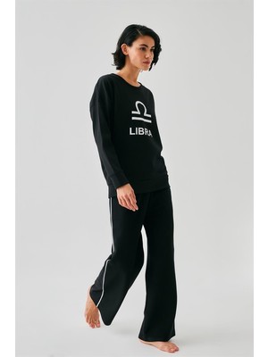 Modaserdem  Kadın Siyah Terazi Burcu Oversize 2 Iplik Eşofman Ev Giyim Takımı