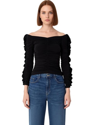 Ersefa Kadın Off Shoulder Büzgülü Örme Bluz Kaliteli Şık Rahat Modern Zarif Günlük
