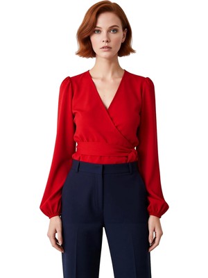 Ersefa Moda Kruvaze Dokuma Regular Düz Desen Resmi Regular Uzun Kol Bluz