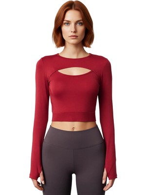 Ersefa Moda Bisiklet Yaka Örme Fit Düz Desen Sportswear Crop Uzun Kol Bluz