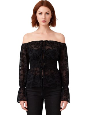 Ersefa Kadınlar Için Desenli Tül Carmen Yaka Bluz Şık ve Modern Parti Kıyafeti Kaliteli Şık Rahat