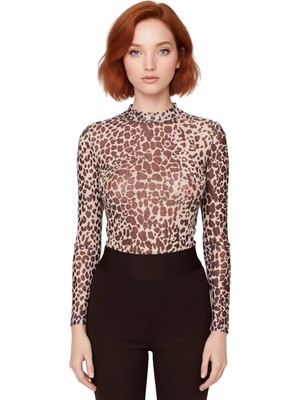 Ersefa Moda Dik Yaka Örme Slim Şal Desen Desen Casual Günlük Regular Uzun Kol Bluz