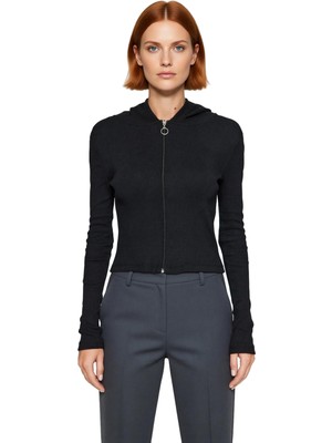 Ersefa Stil Kadın ve Fermuarlı Fitilli Fitted Vücuda Oturan Esnek Bluz Crop Örme Slim Kalıp