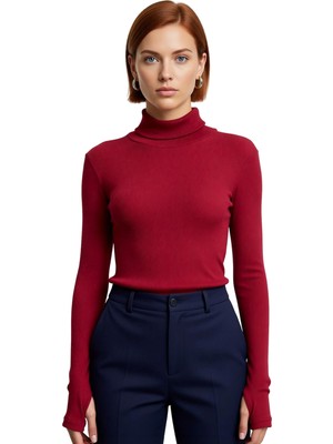 Ersefa Kadın Uzun Kollu Balıkçı Yaka Crop Bluz Esnek Örme Kumaş Detaylı Basic Siluet Kış Koleksiyonu